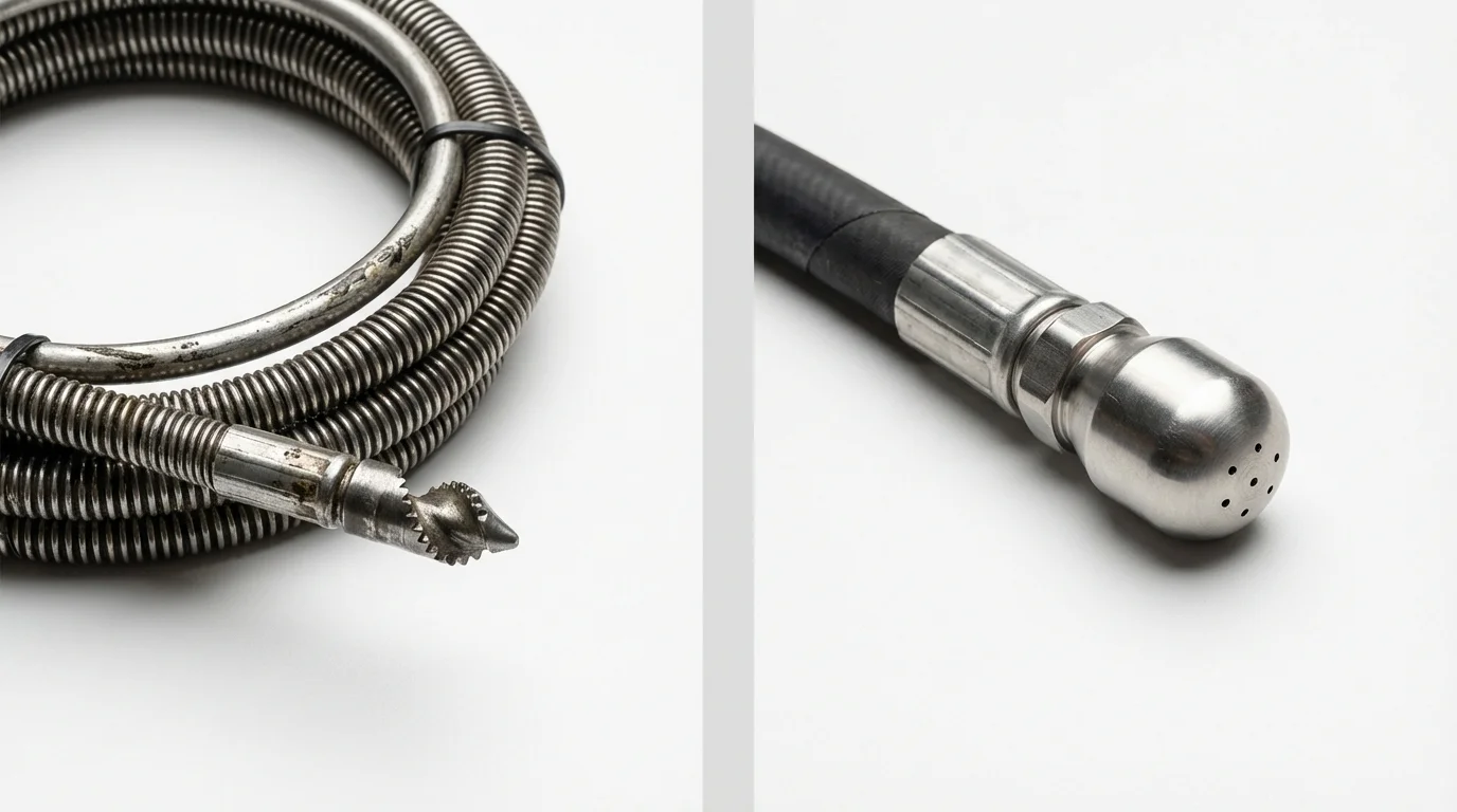 Drain snake cable and hydro jetting nozzle used for drain cleaning in Austin, IN