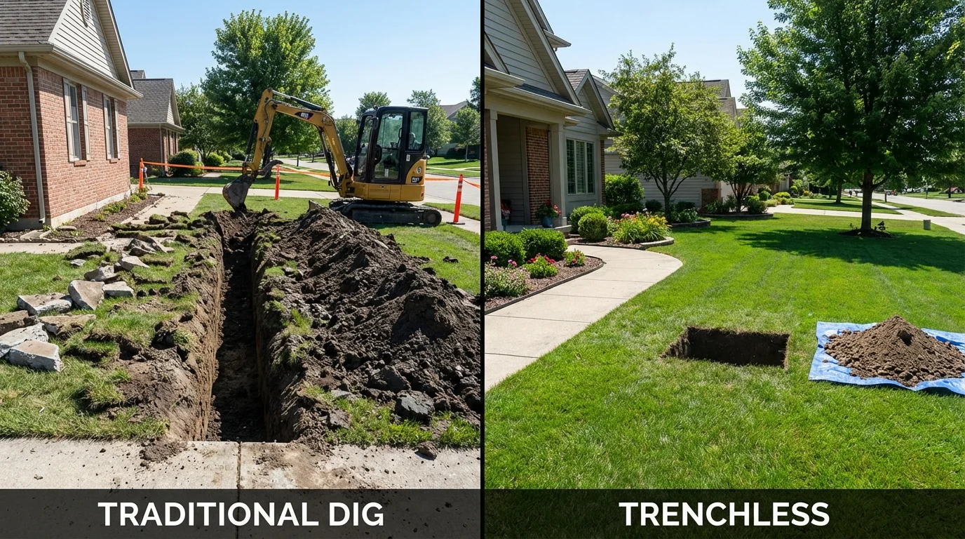 Trenchless sewer repair with minimal yard damage versus traditional excavation in Austin, IN